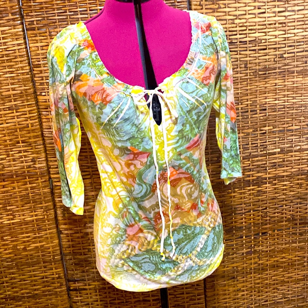 EUC anthropology Butterfly dropout orange, yellow, blue blouse, top S